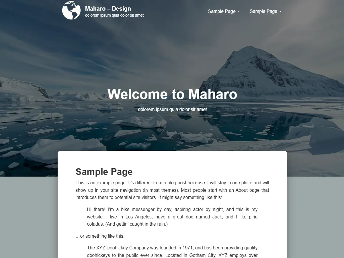Screenshot des Themes Maharo: Kopfbild mit Eislandschaft und zentriertem Titel, darunter eine weisse Inhaltskarte