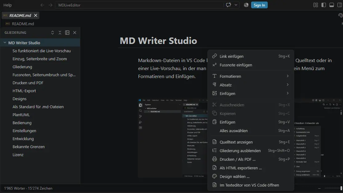 MD Writer Studio in VS Code: links die Gliederung, rechts der Text in der Live-Vorschau mit geöffnetem Kontextmenü